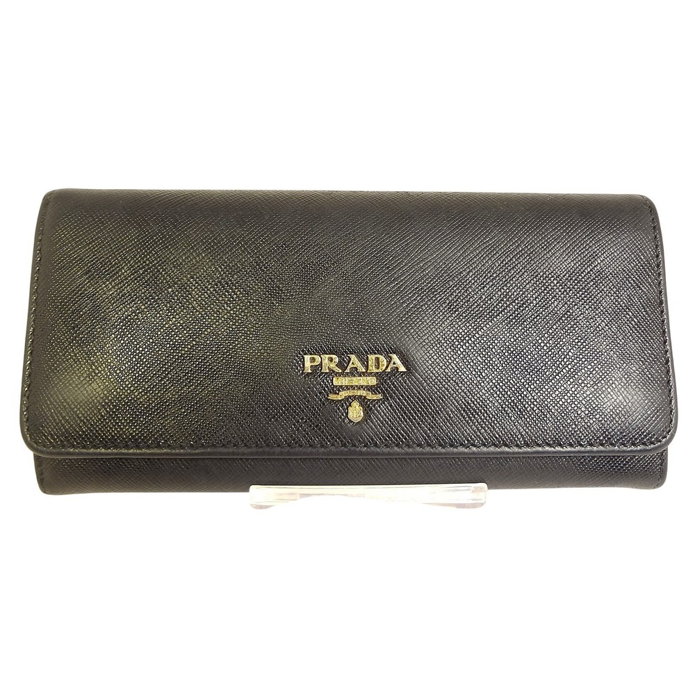 PRADA Black SLG Saffiano Leather Flap Long Wallet ID Holder Chain Includes COA